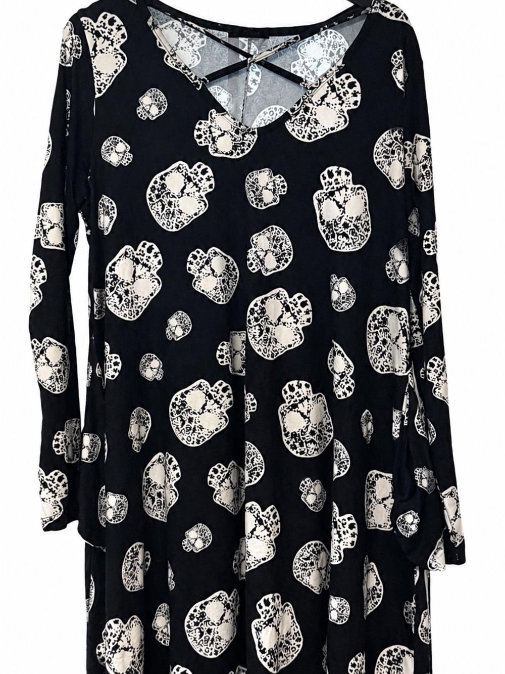 Zea Goo Black Skull Print Long Sleeve Swing Dress | Size L